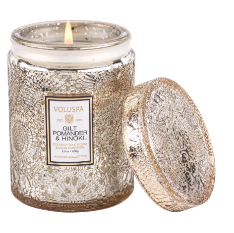 Voluspa- Glass Jar Candle w/ Lid - Gilt Pomander & Hinoki