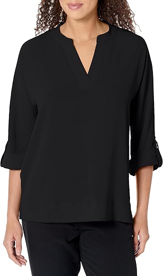 Multiples- Rolled Tab Cuffed Dolman Sleeve Band Collar Top