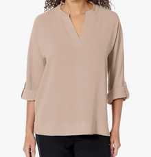 Multiples- Rolled Tab Cuffed Dolman Sleeve Band Collar Top - Stone