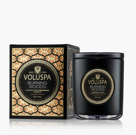 9.5 oz Voluspa Classic Candle Burning Woods