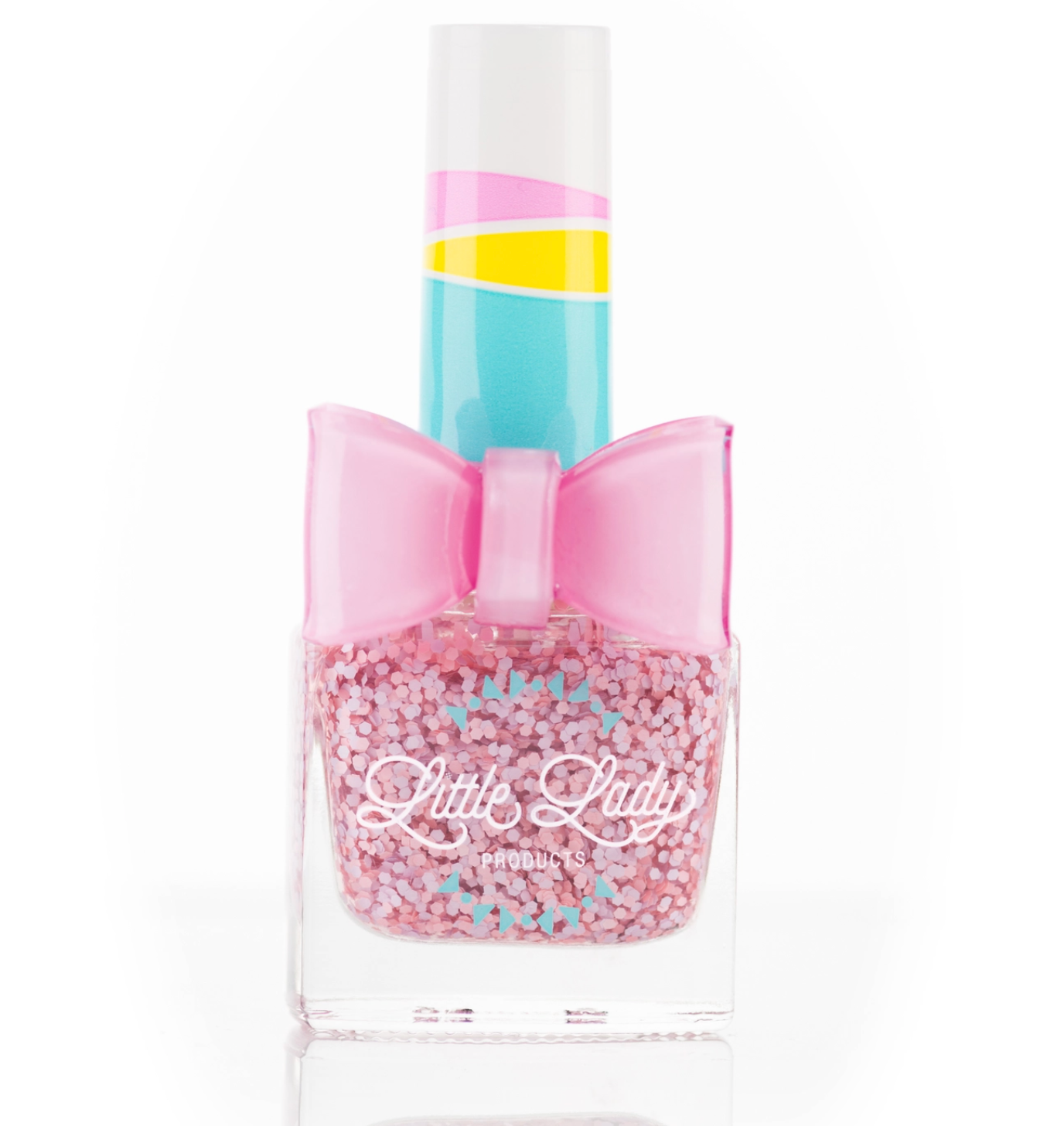 Nail polish bottle with pink glittery cap and body on a white background