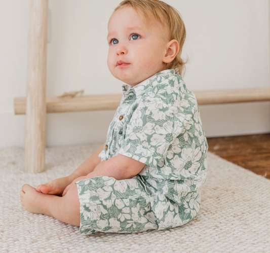 Yo Baby- Floral Printed Shirt & Shorts Set in Sage