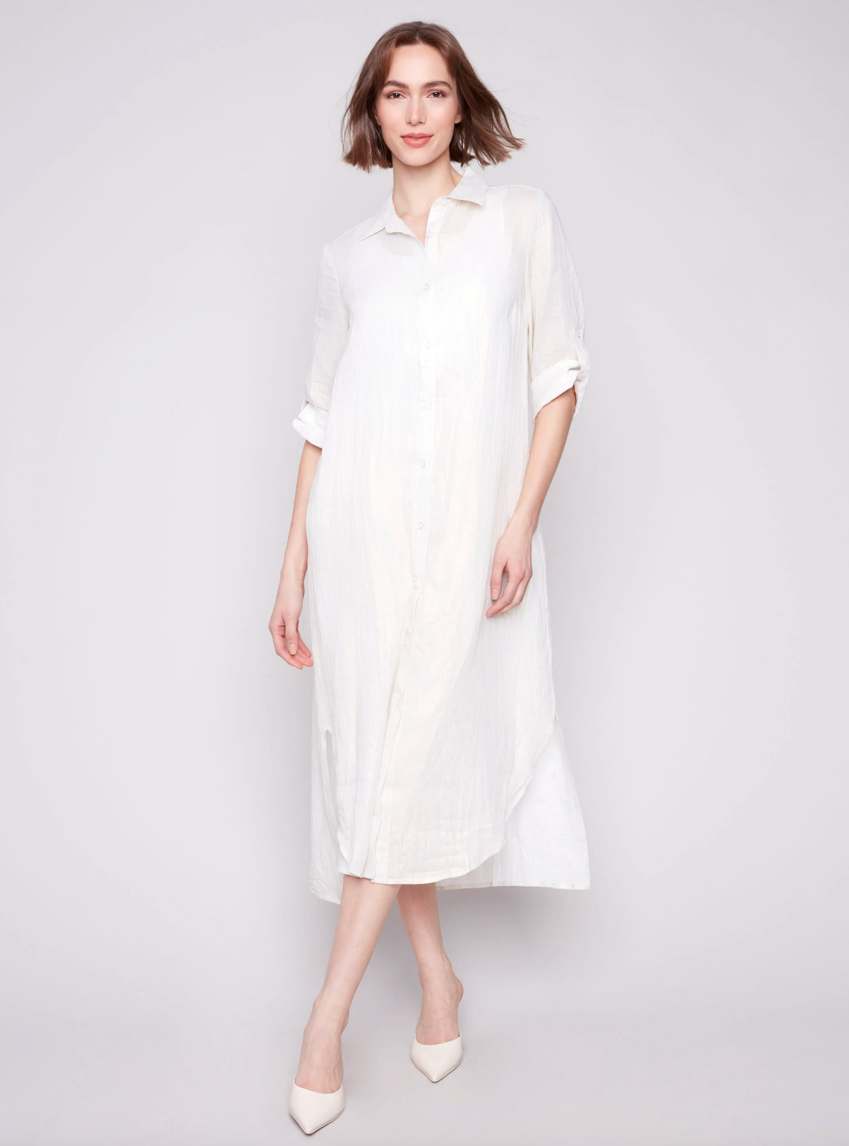 3/4 Roll Up Sleeve Button Front Dress