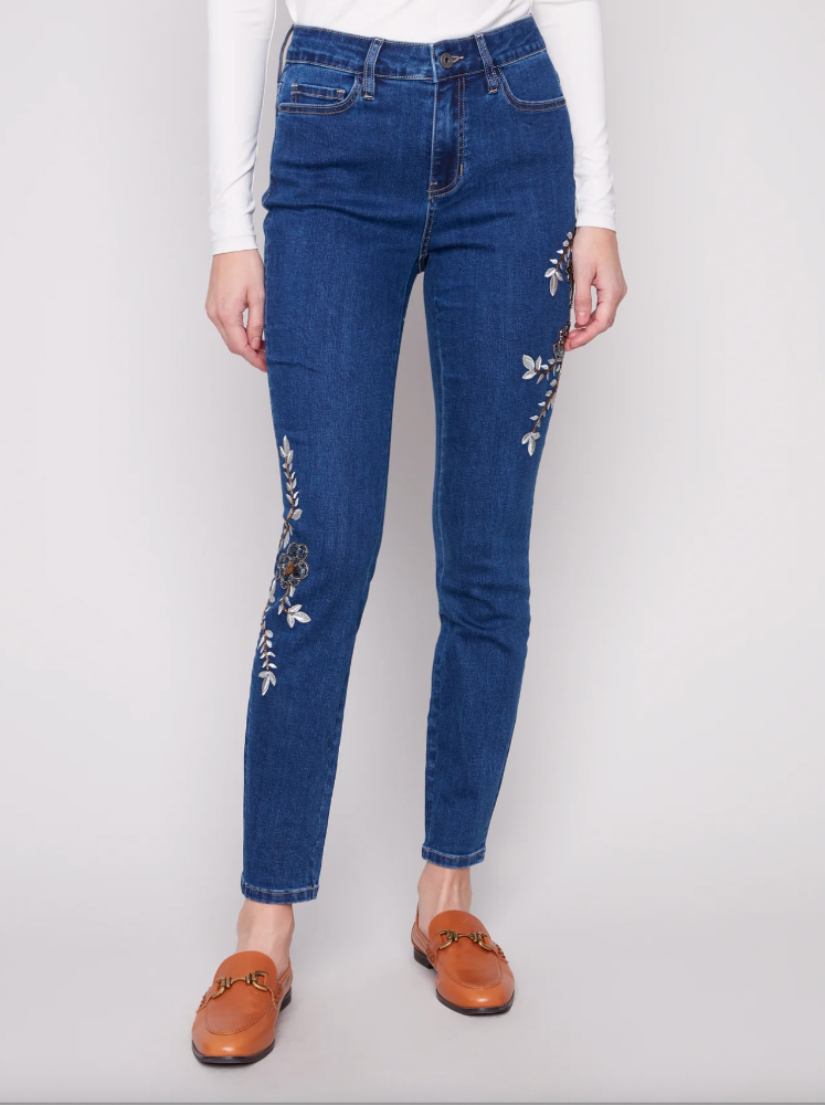 Beaded Embroidery Skinny Leg Denim Pant