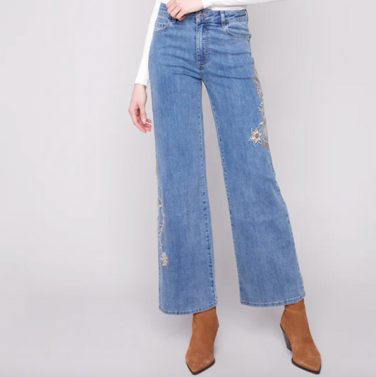 Flower and Sequins Embroidered Wide Leg Denim