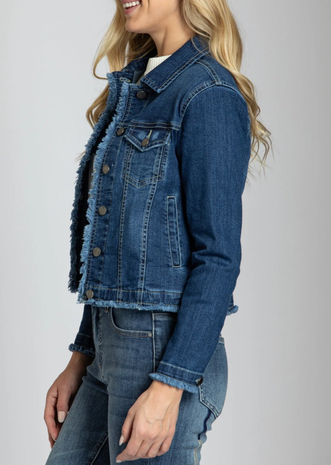 Denim Jacket with Frayed Detail in Indigo