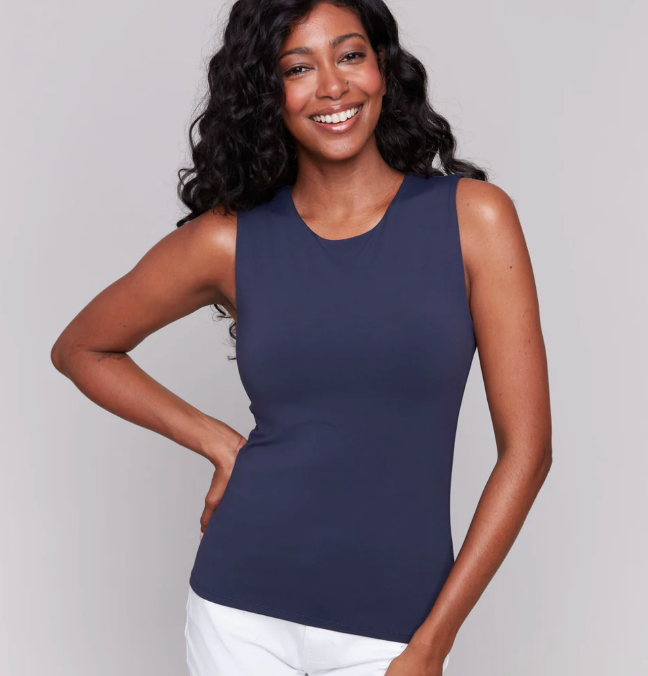 Double Cloth Sleeveless Crew Neck Top