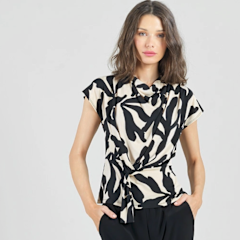 Leaf Print Drape Neck Top w/ Loop Front Detail