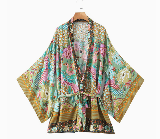 Boho Peacock Print Cropped Kimono Blue - Olive