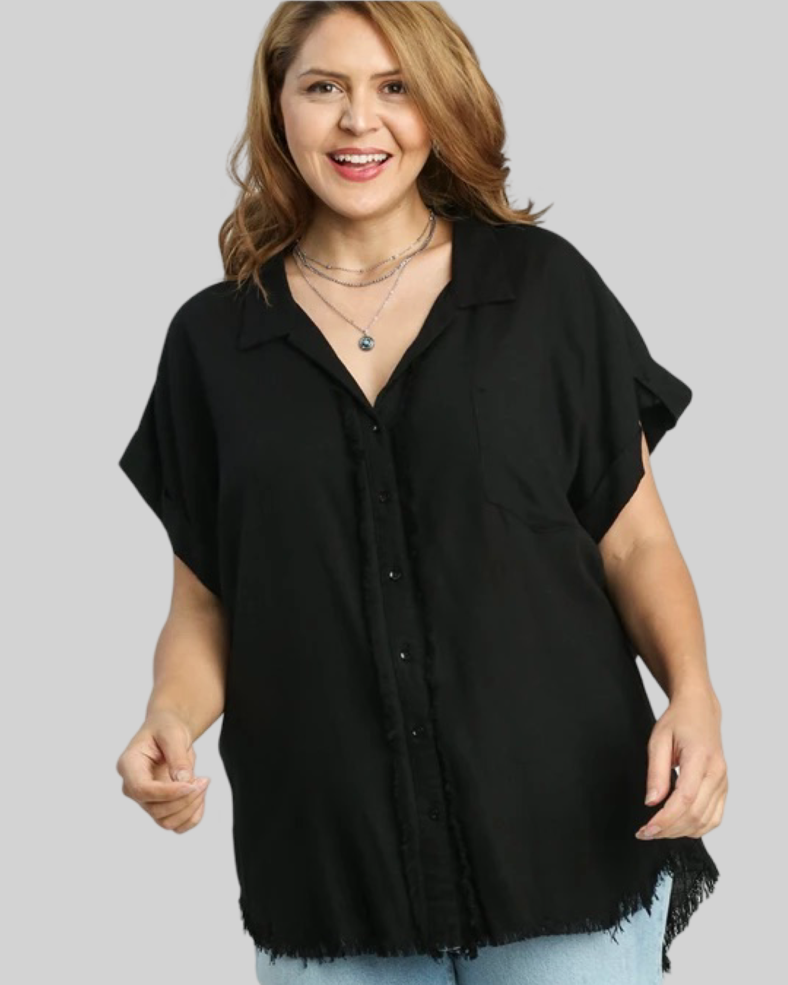 Linen Button Down Frayed Details Shirt