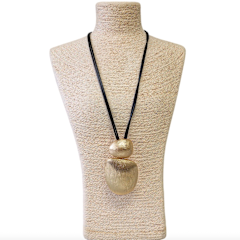 Chunky Sculpted Shiny Gold Pendant with Leather Cord