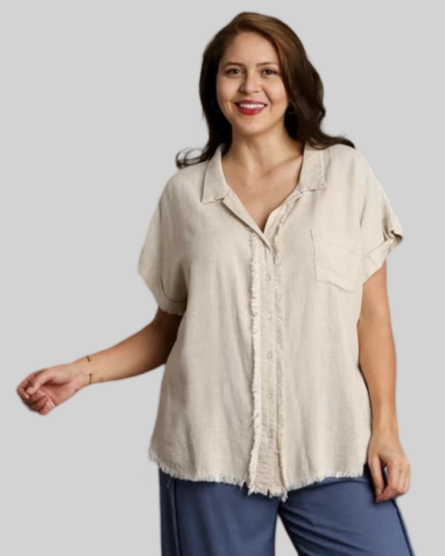 Linen Button Down Frayed Details Shirt - Oatmeal