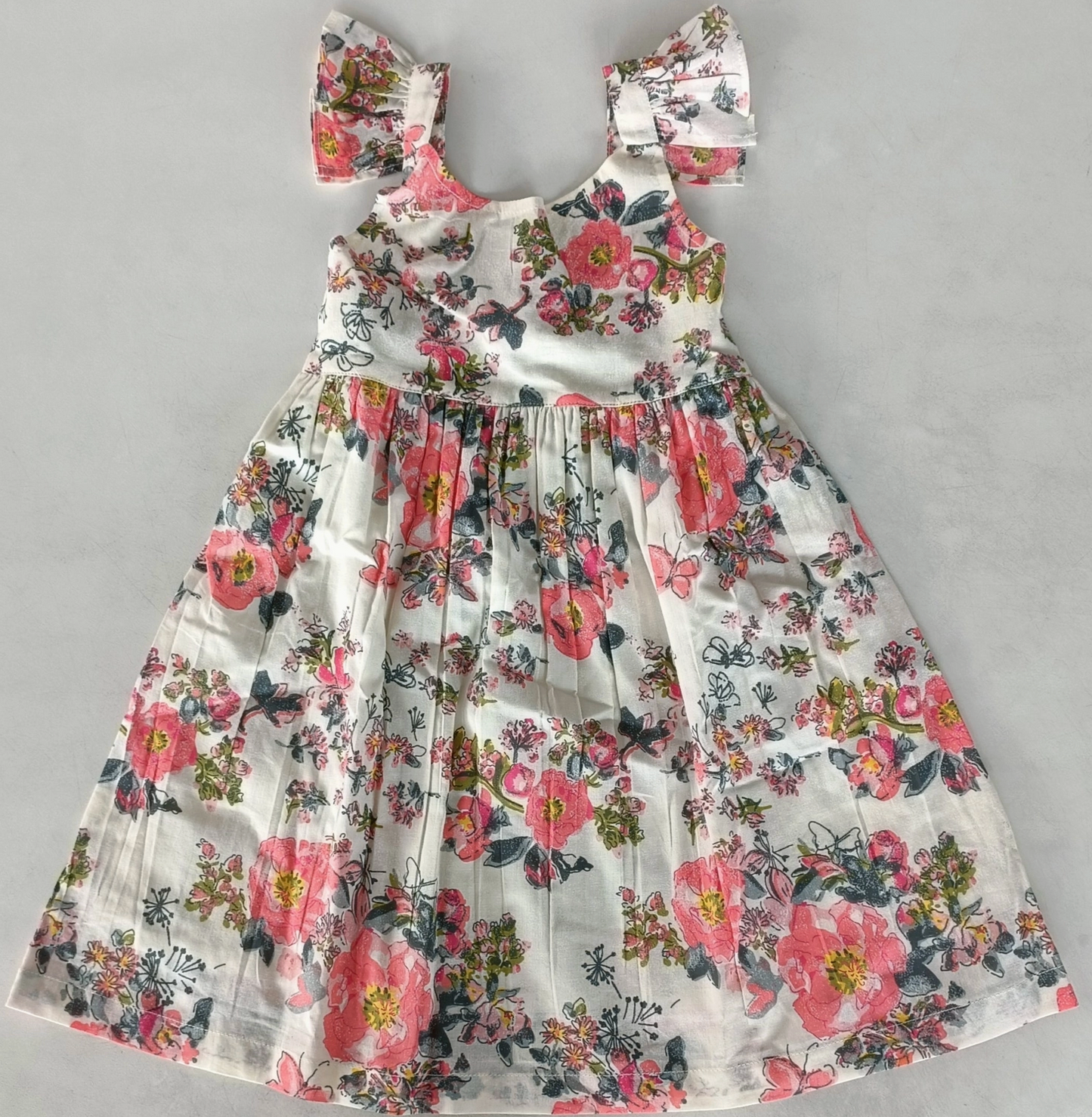Vintage Rose Print Ruffled Gathered Dress - Pink