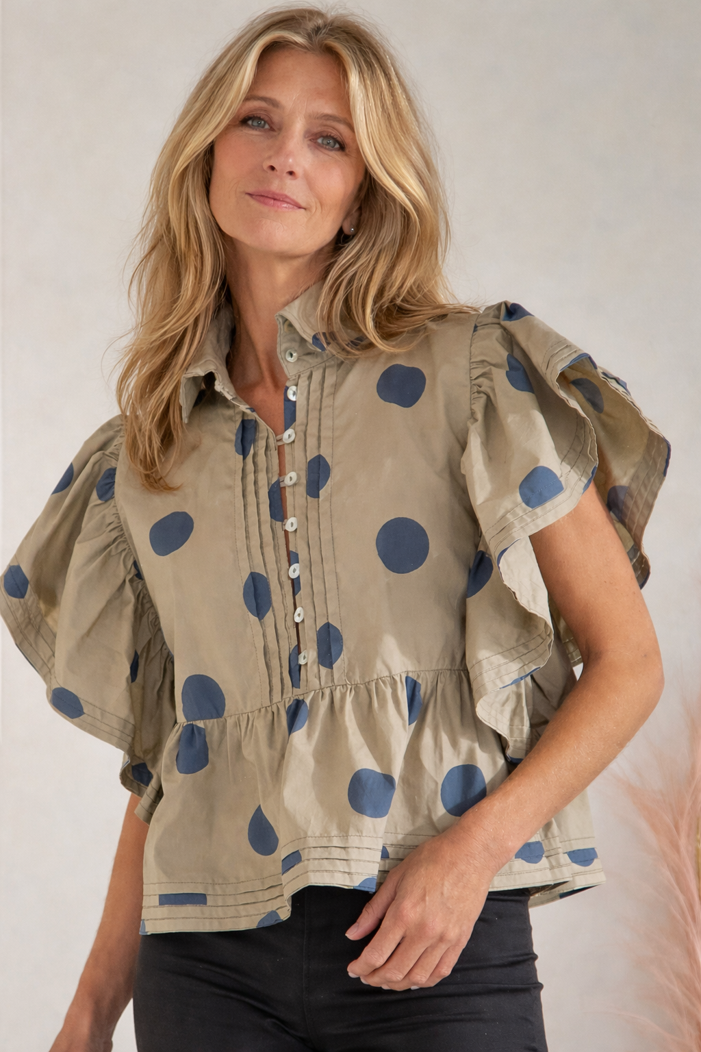 Ruffle Sleeves Polka Dot Print Top