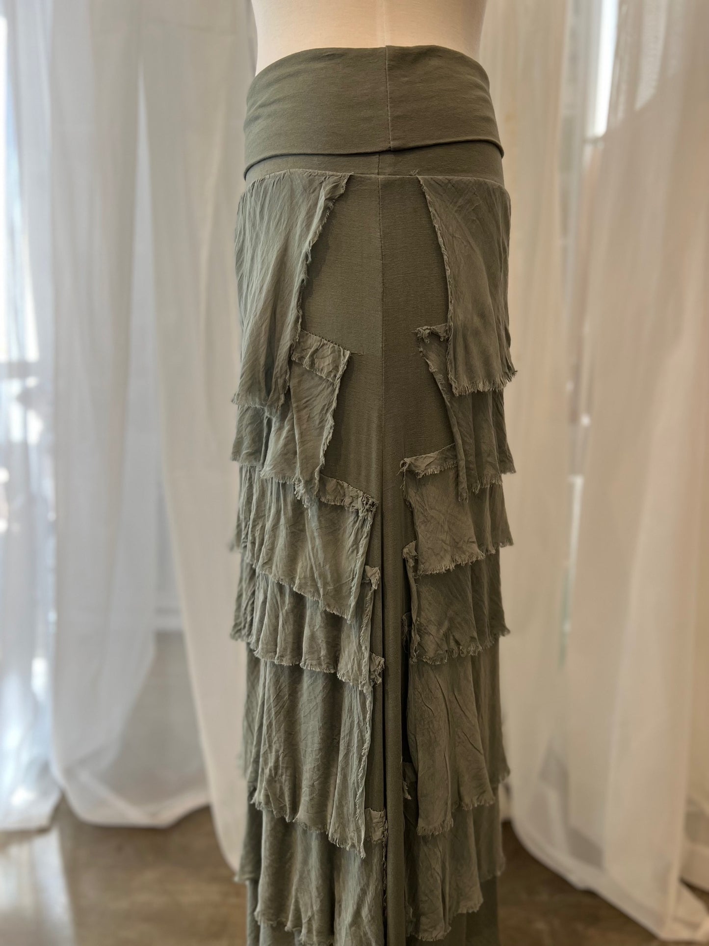 Karamel Collection- Silk Tiered Skirt - Olive