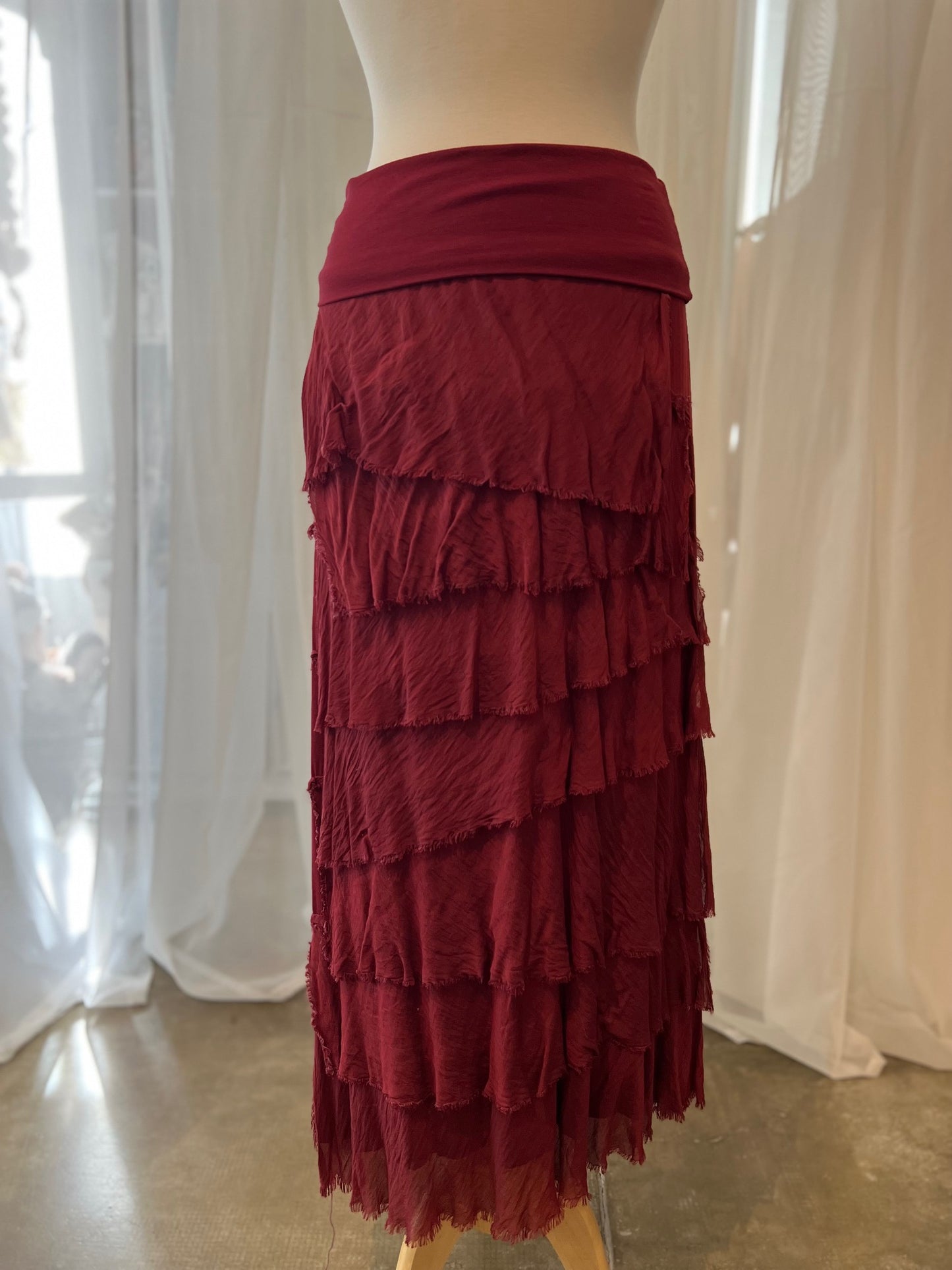 Karamel Collection- Silk Tiered Skirt - Burgundy