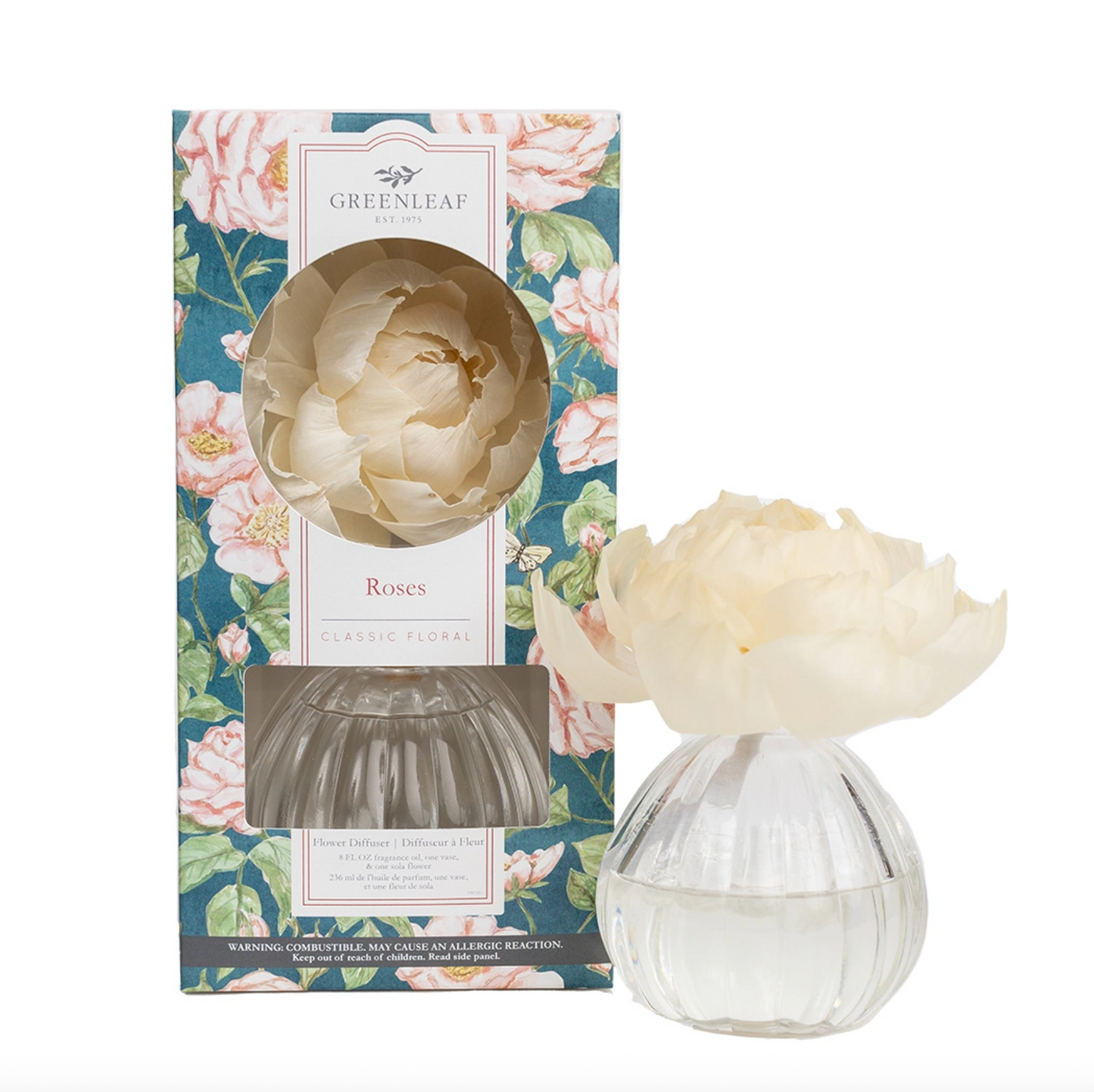 Greenleaf floral diffuser packaging with a clear vase containing a white flower on a white background