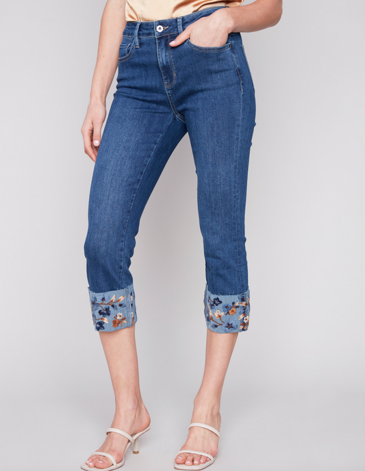 Embroidered Cuff Ankle Jeans