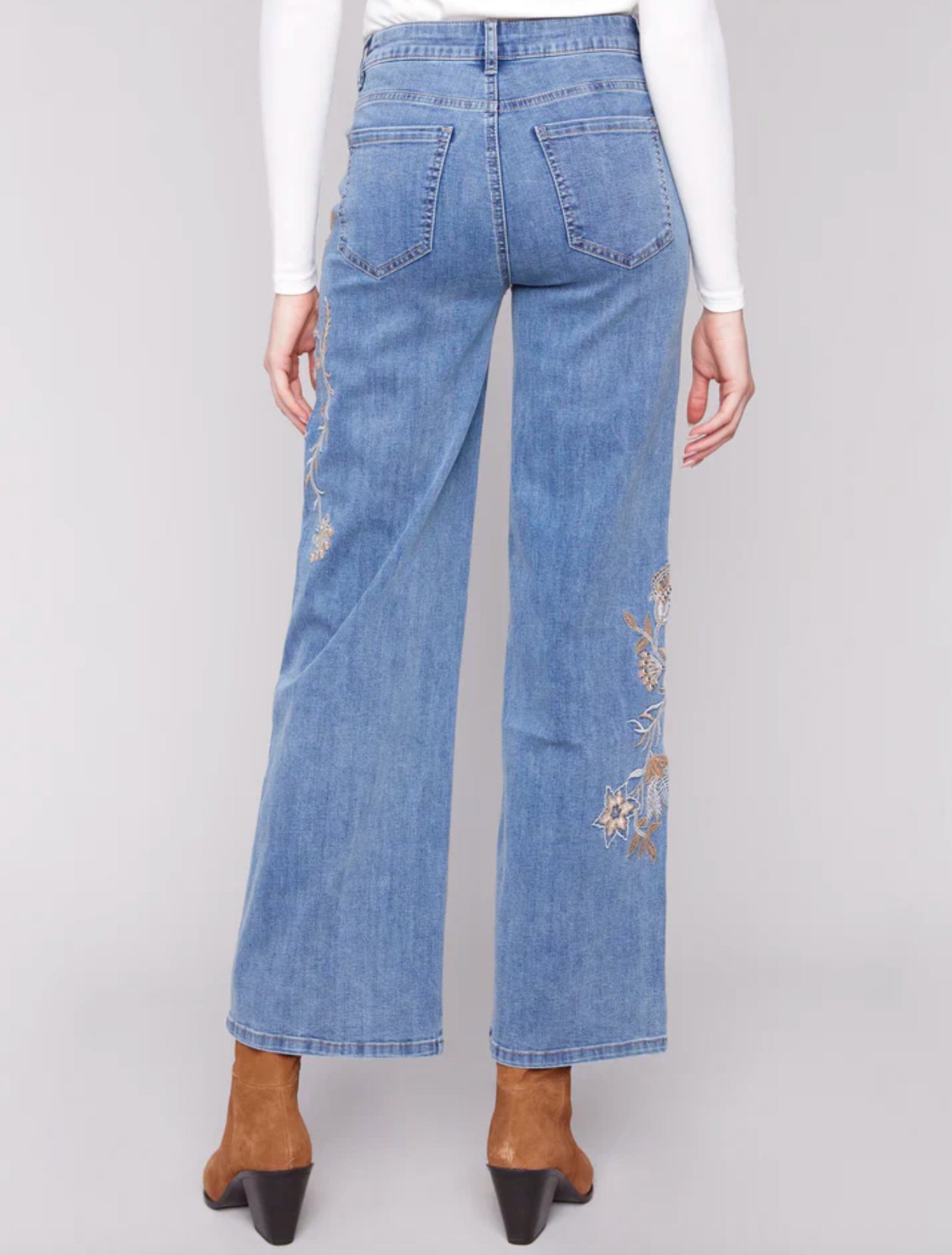 Flower and Sequins Embroidered Wide Leg Denim