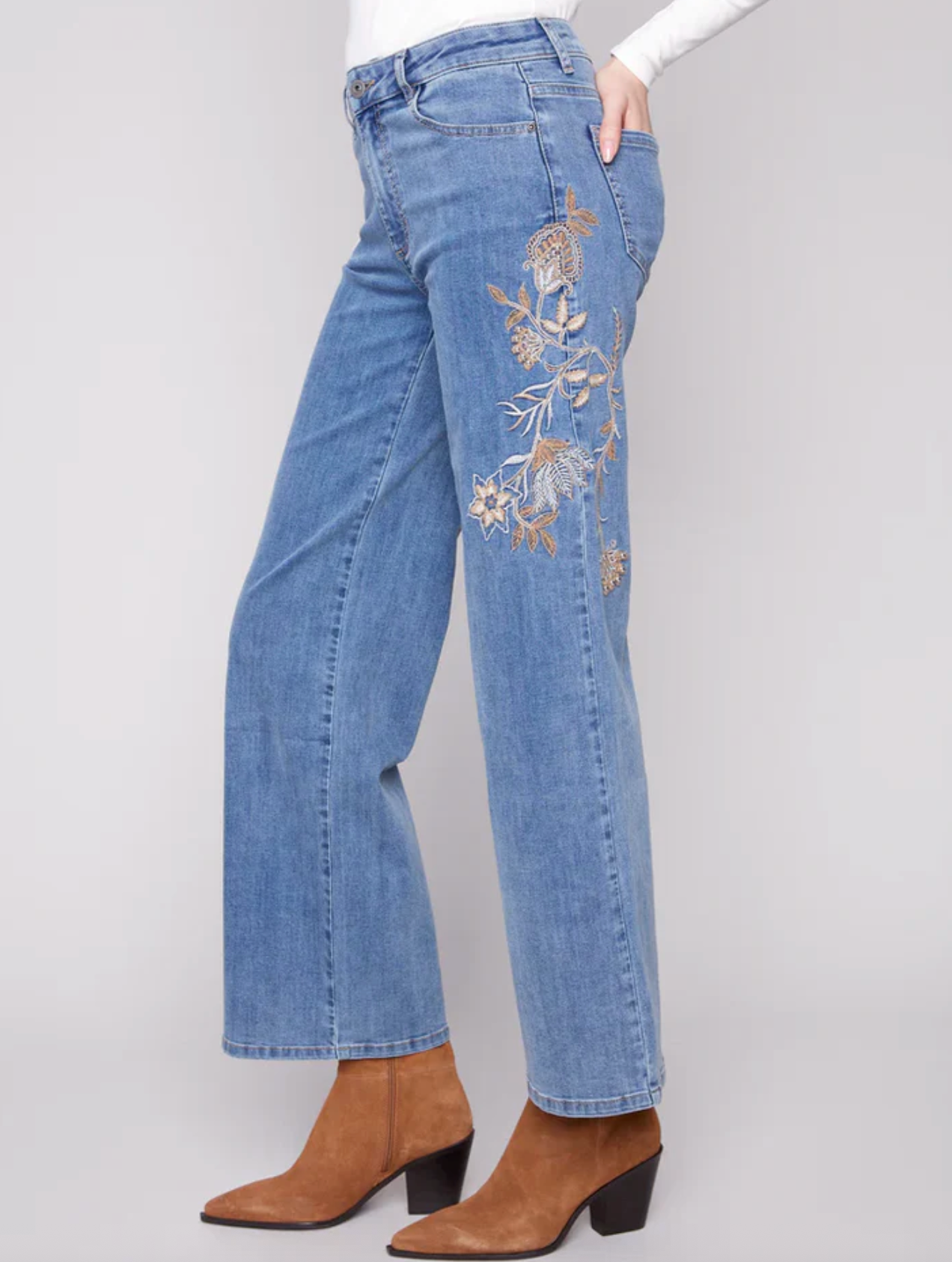 Flower and Sequins Embroidered Wide Leg Denim