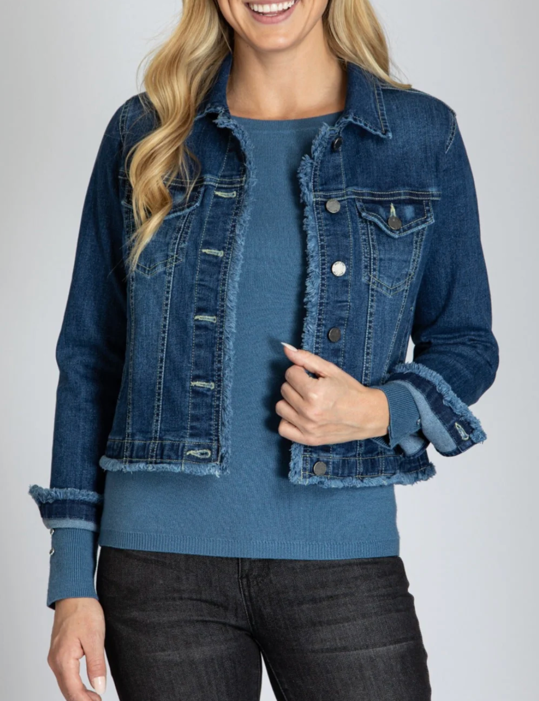 Denim Jacket with Frayed Detail in Indigo