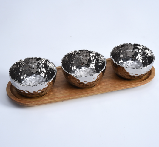 Set of 3 Silver Porcelain Bowls on Acacia Wood Tray