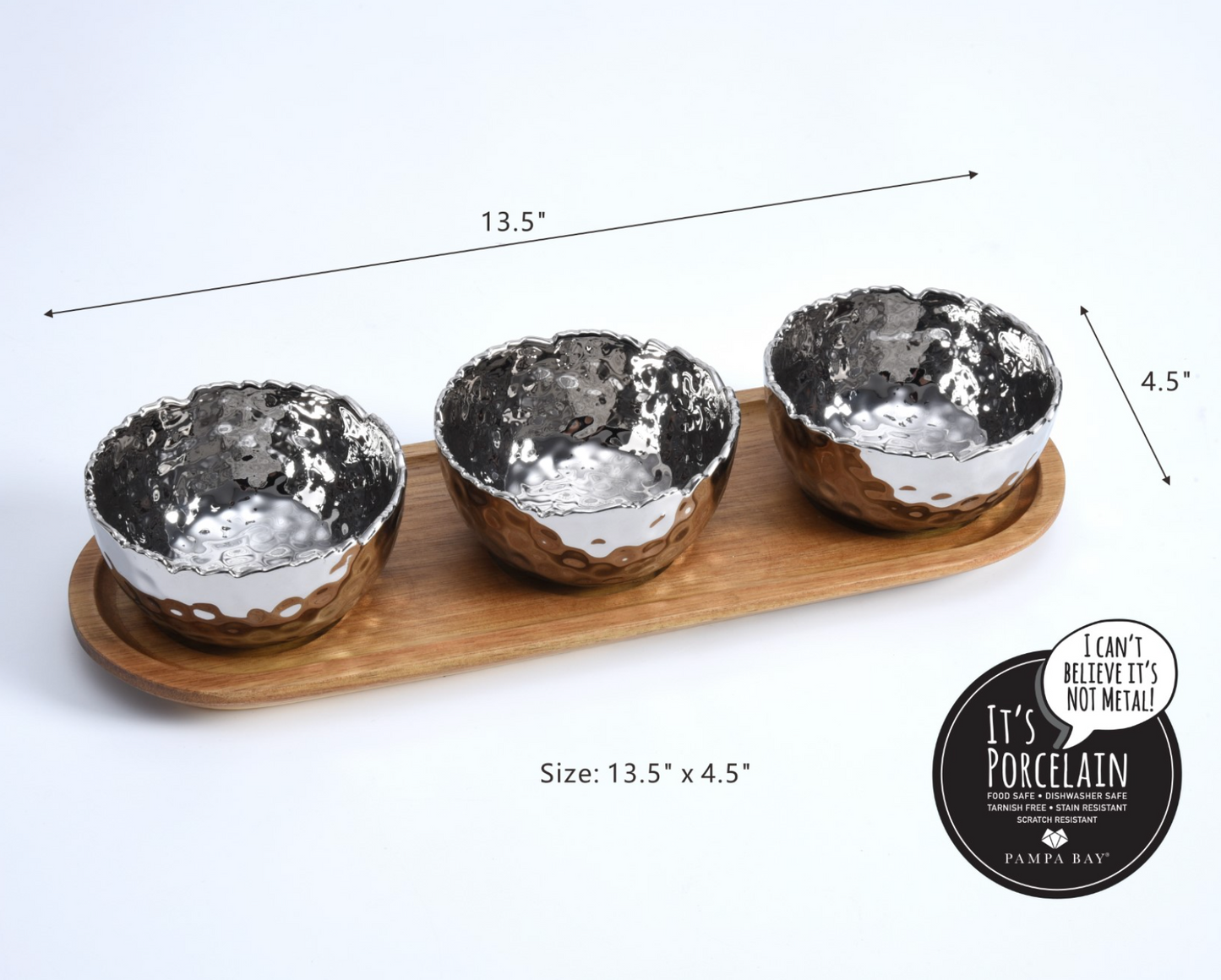 Set of 3 Silver Porcelain Bowls on Acacia Wood Tray