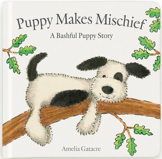Book cover of 'Puppy Makes Mischief' with a puppy illustration on a branch.