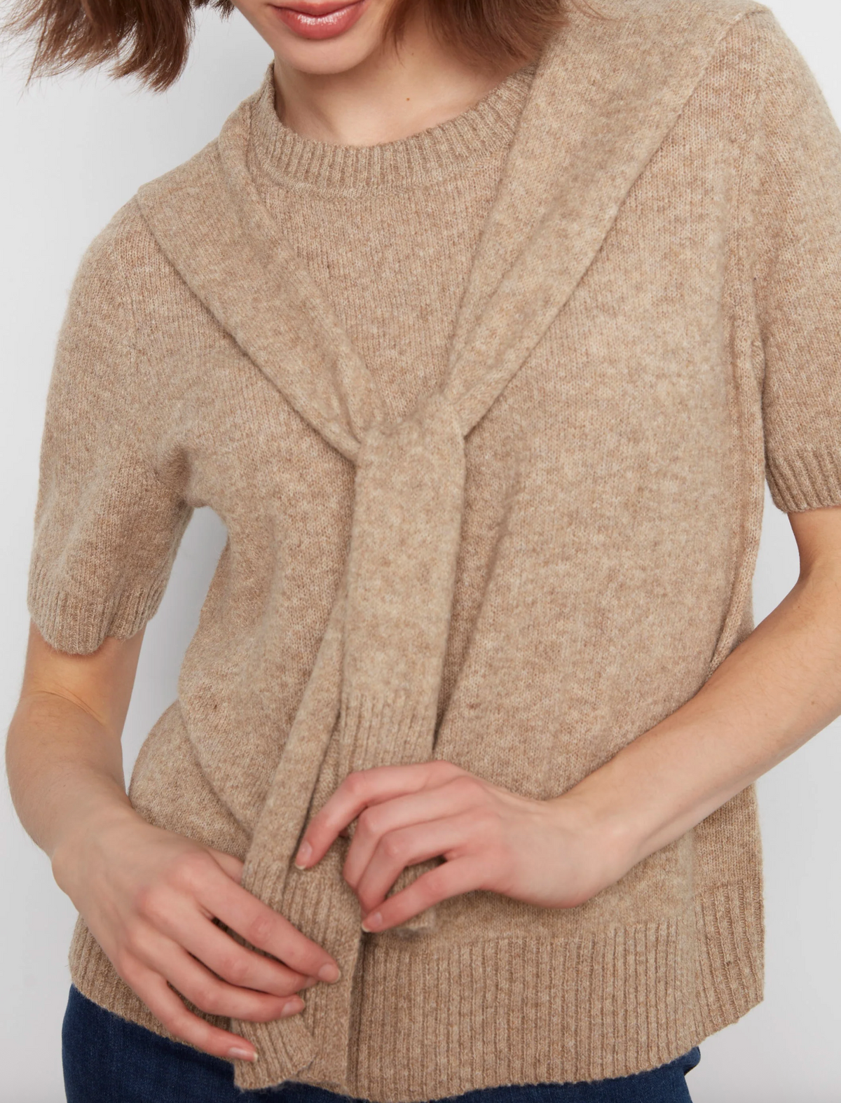 Short Sleeve Crew Neck Sweater with Sleeve Detail