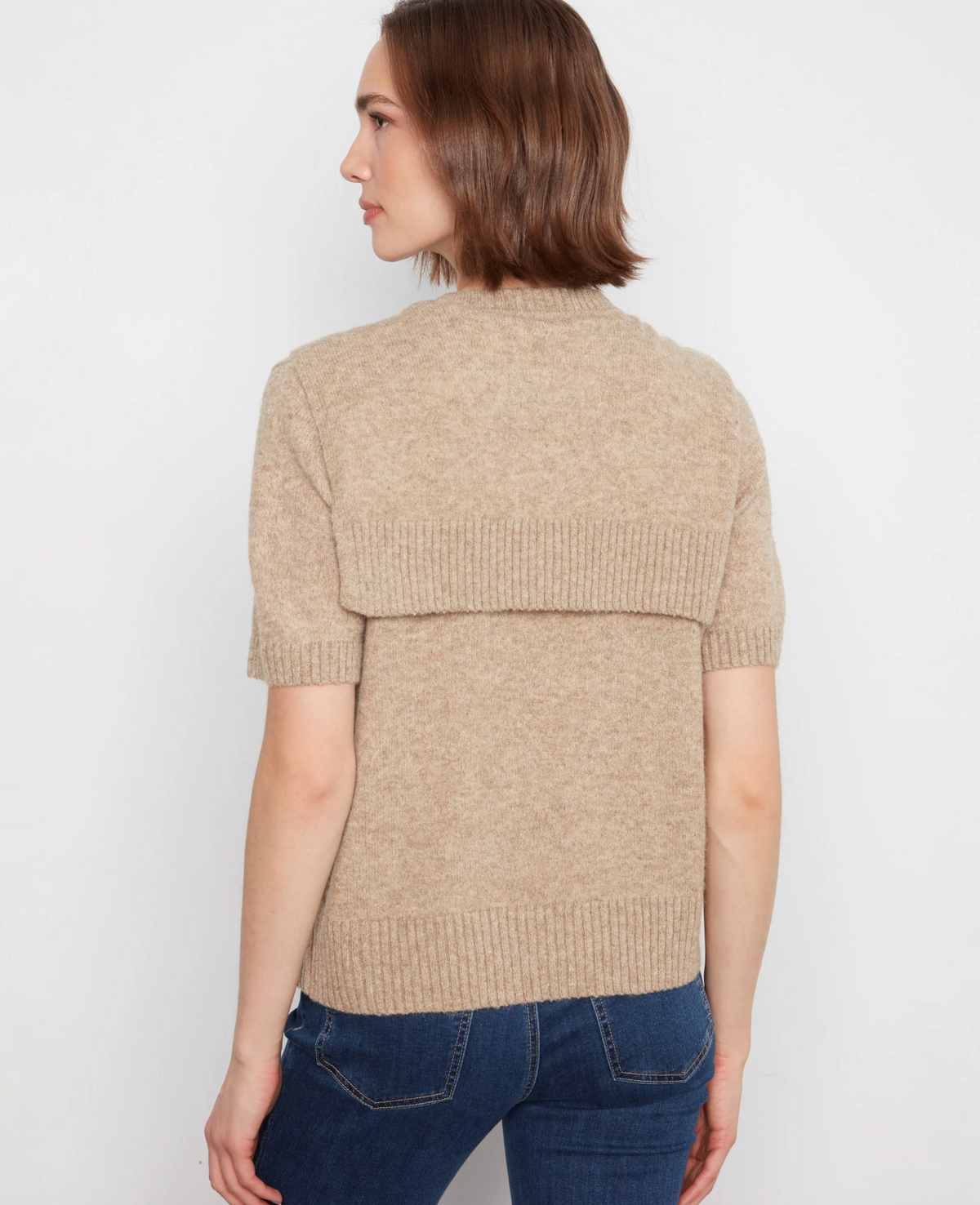 Short Sleeve Crew Neck Sweater with Sleeve Detail