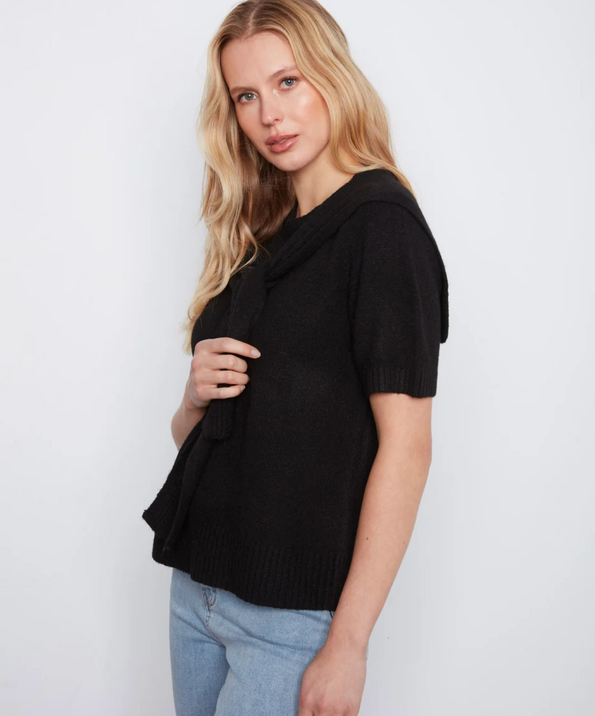 Short Sleeve Crew Neck Sweater with Sleeve Detail