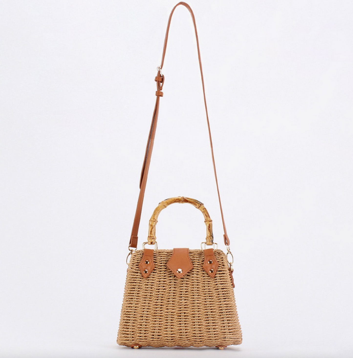 Straw Handbag with Bamboo Handle - Camel
