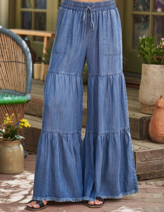 Denim Tencel Wide Leg Tiered Pant