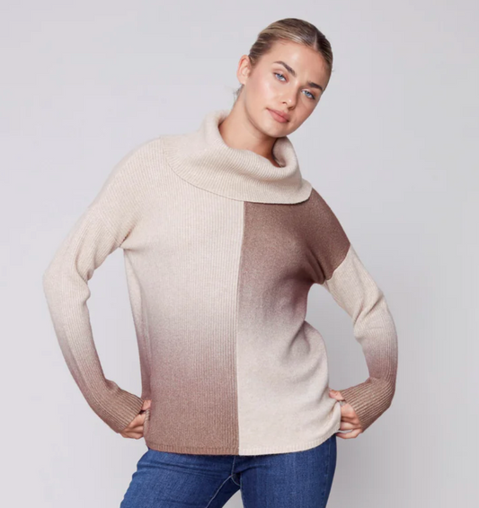 Cowl Neck Sweater with Up Down Ombre - Truffle