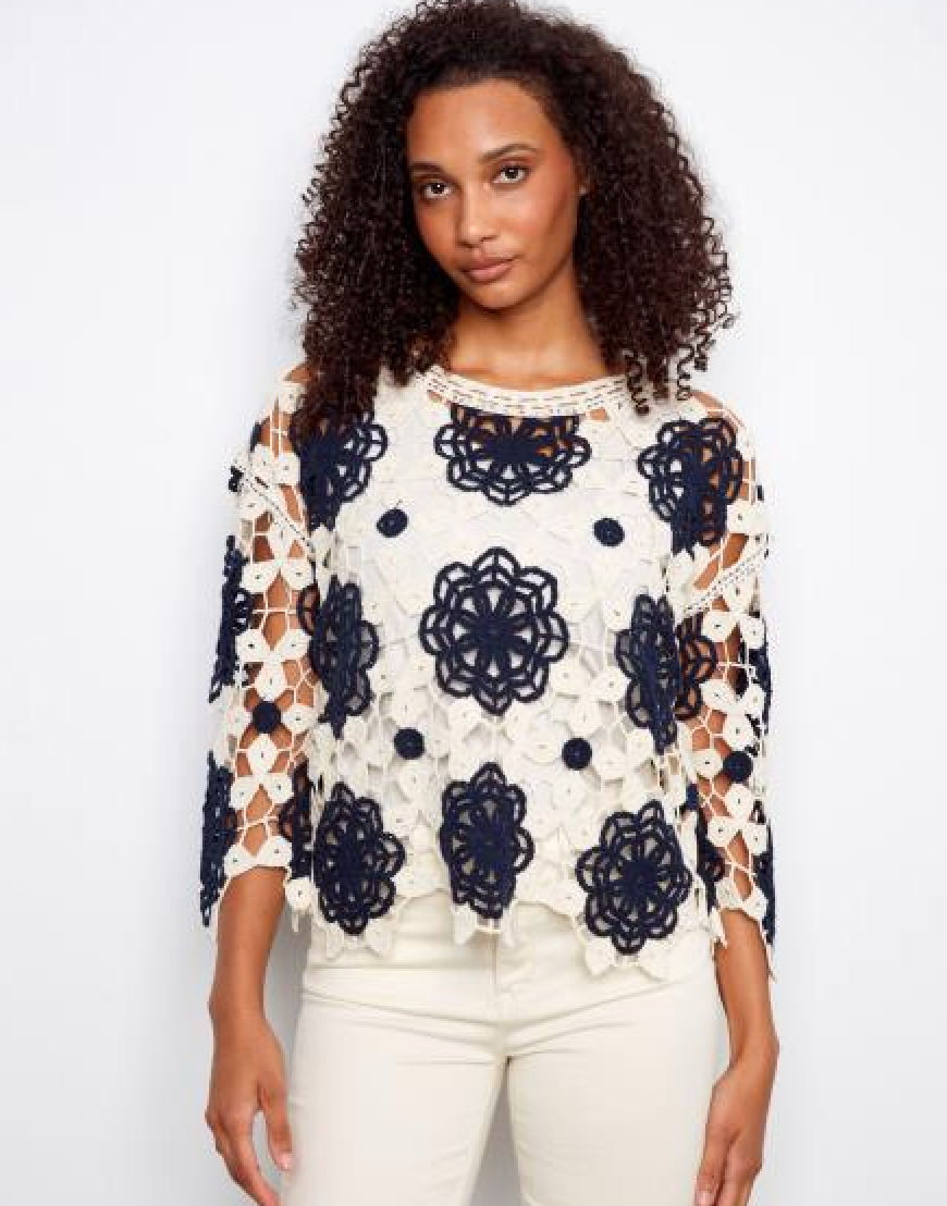 3/4 Sleeve Crochet Flower Sweater