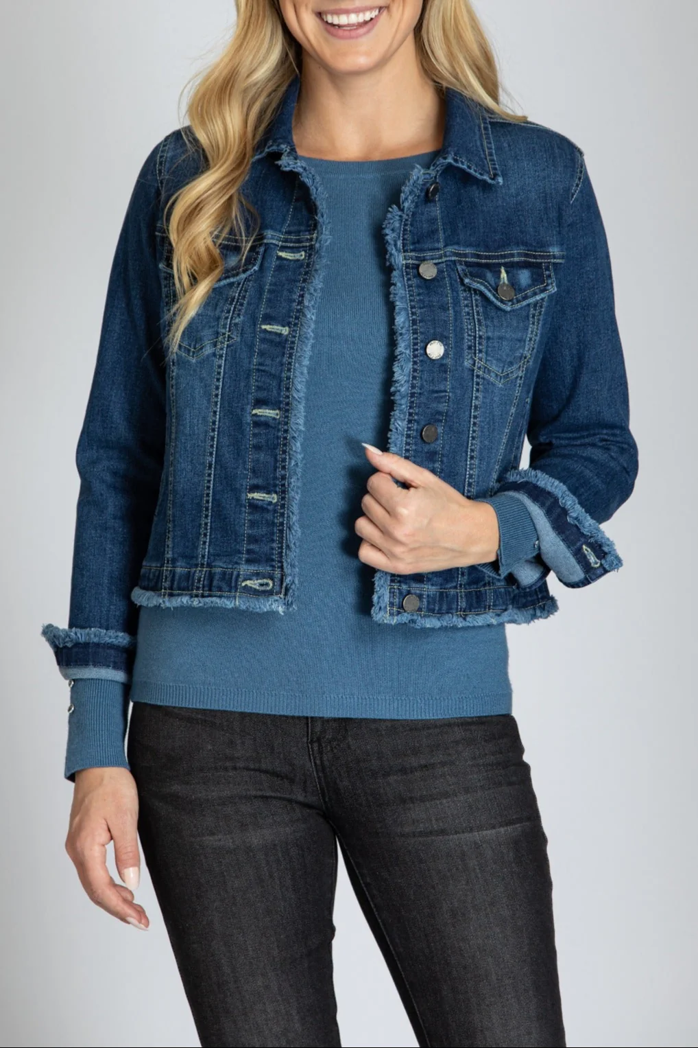 Denim Jacket with Frayed Detail in Indigo