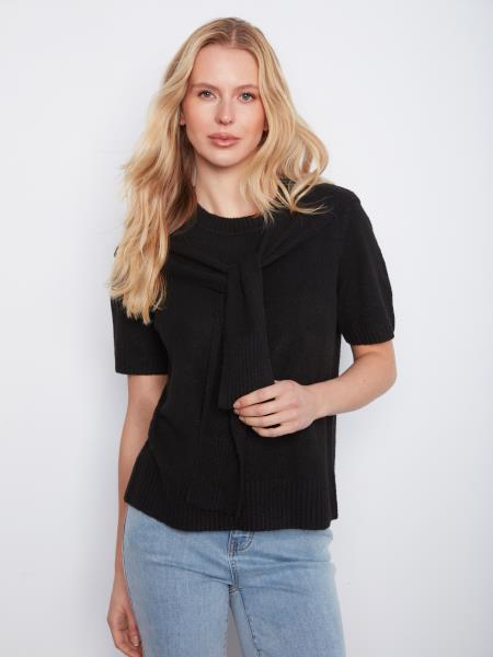 Short Sleeve Crew Neck Sweater with Sleeve Detail