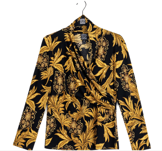 Paisley Leaves Print VNeck Drape Pleat
