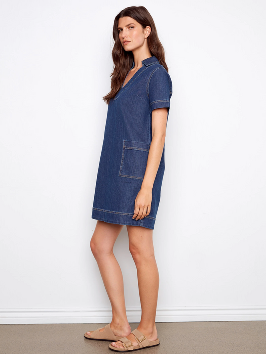 Collared VNeck Denim Dress