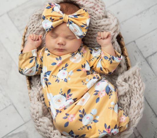 Baby Gown and Bow - Mustard Floral