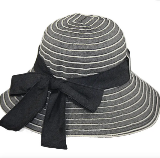 Fabric Gray Striped Hat with Bow
