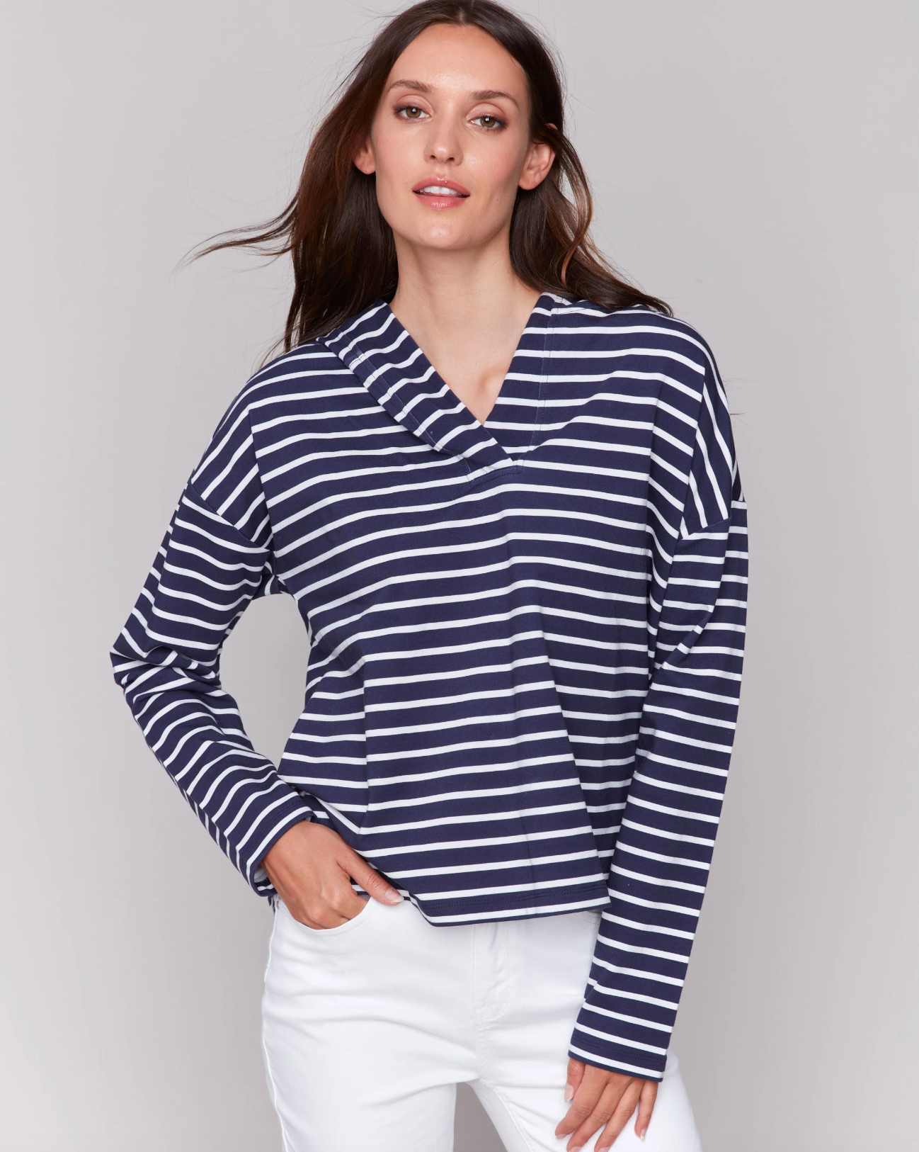 V Neck Hoodie - Navy/White Stripe