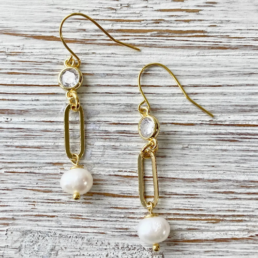 Gold Paperclip Earrings with Pearl