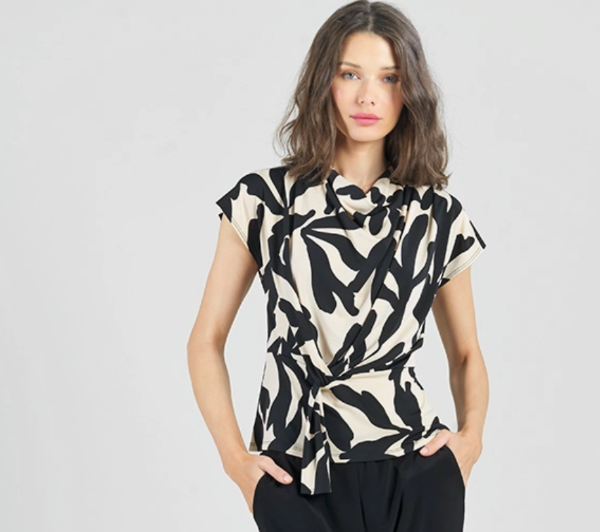 Leaf Print Drape Neck Top w/ Loop Front Detail